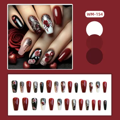 24 Pcs Dark Red Black Mystical Design Fake Nail